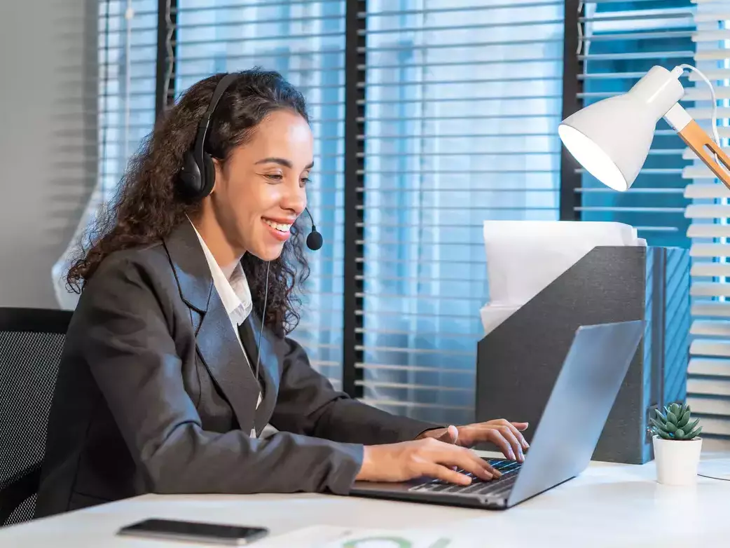 Woman using VOIP services